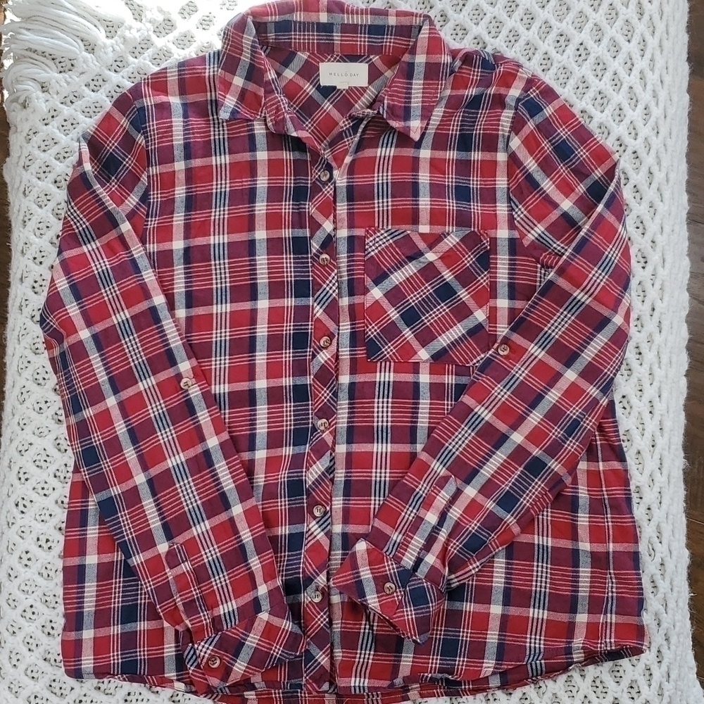MELLÓ DAY Plaid Red White & Blue Long Sleeve Button Front Women’s Medium